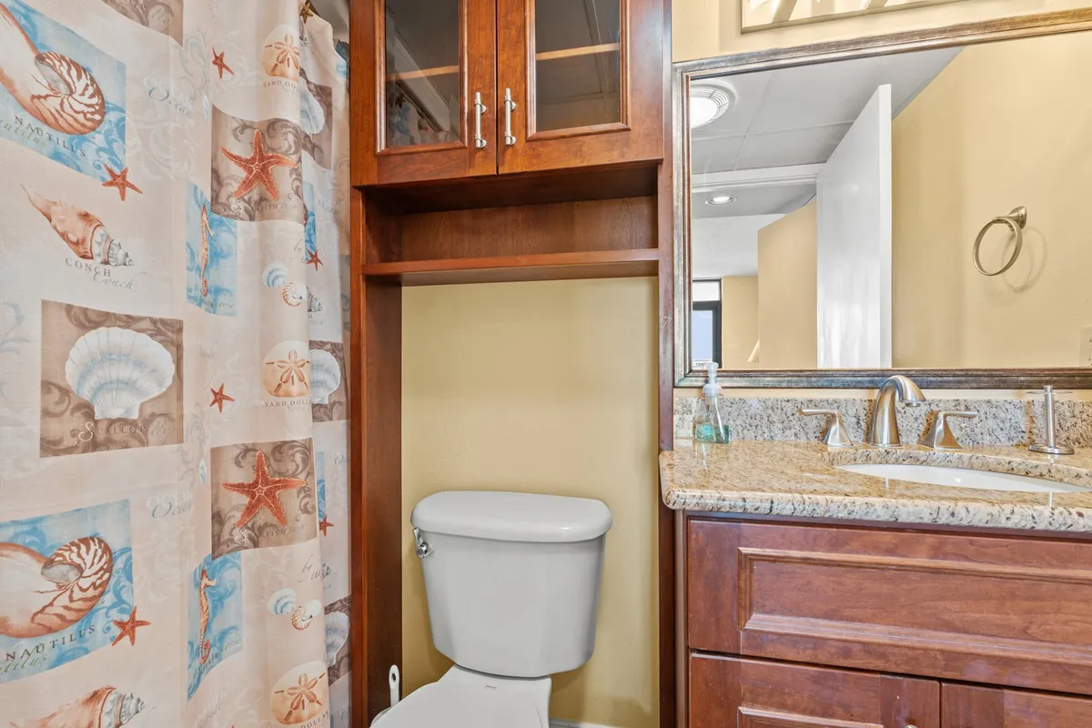 A modern bathroom featuring a granite countertop, wood cabinetry, toilet, and a shower curtain with a sea theme. Morning sunlight brightens the space, making it feel fresh and welcoming for daily routines.